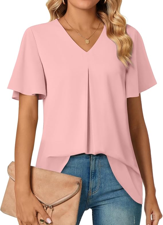 Anyally Women's Summer Dressy Chiffon Blouses V Neck Ruffle Short Sleeve Tunic Tops for Leggings Casual T-Shirts