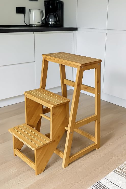 Porsima Ahşap Bambu 3 Basamak Merdiven - Portatif Demonte ve Ergonomik Ev Tipi Dekoratif Tabure Merdiven Sarı, PBT-379