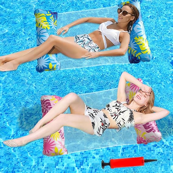 2 Pack Inflatable Pool Floats Hammock, Inflatable Pool Lounger,PoolFloat Water Hammock with Manual Air Pump,4-in-1 Water HammockInflatable Floating Chair Bed Raft Recliner Float for Adult Kid