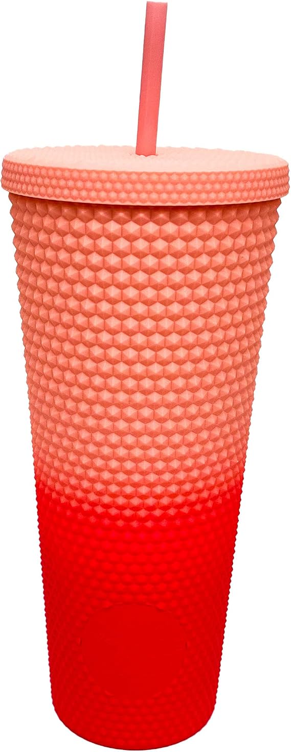 ASTOR | Matte Studded Cup | Studded Tumbler with Lid and Straw | Venti 24 oz Cold Cups (Pink Coral Ombre)