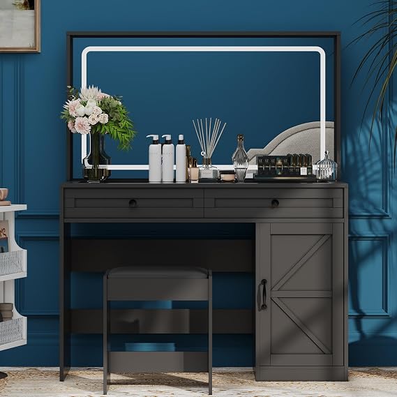 43.3" Makeup Vanity Table, Makeup Table with Large Mirror and LED Light Strip, Brightness Adjustable, Dressing Table Desk with 3 Drawers, Vanity Desk for Women(with Stool) (Black)