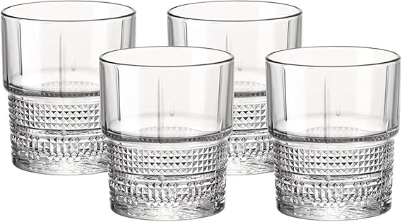 Bormioli Rocco Novecento Barware DOF Glass, Stackable, Set Of 4, 12.5 oz, Clear, Vintage Design, Made In Italy.