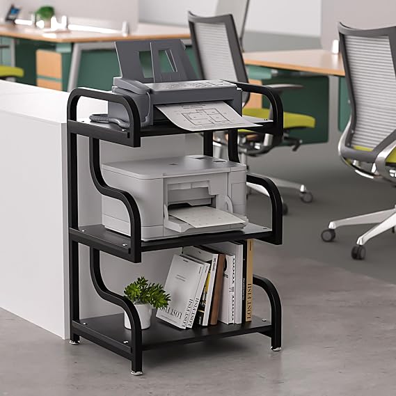 Printer Stand, 3-Tier Large Printer Stand with Durable Materials and Ample Storage Space, Printer Table for Home Office Organization, Black