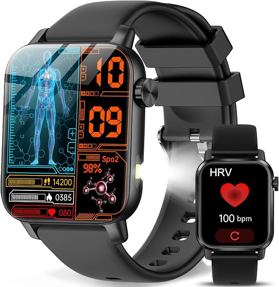 Smart Watch for Men Women 1.85" HD Health Watch with Answer/Make Call LED Flashlight Video Dynamic Watchface 24H Heart Rate SpO2 Stress Sleep Gcse Monitor SOS Call Fitness Watch for iOS/Android
