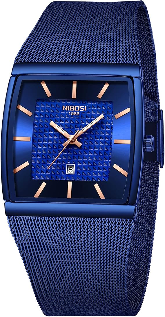 NIBOSI Men's Watch Analog Quartz Black Dial Mens Watch Business Waterproof Military Stainless Steel Gold Dress Watch Auto Date,Blue