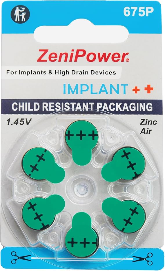 ZeniPower Mercury Free (0% Hg) Extra High Power Cochlear Implant BTE Speech Processor Batteries Zinc Air 1.4V Size 675P, 675CI, Implant Plus (6 Batteries)