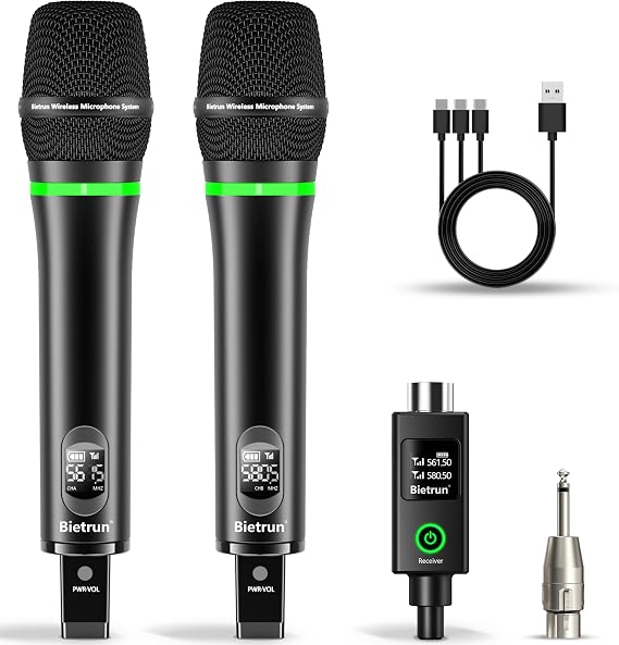 Bietrun XLR Wireless Microphone, Rechargeable Dual Metal Cordless Handheld Dynamic Mics for Mixer, Audio Interface, PA Amplifier System, Church, Singing, Karaoke(UHF 240FT Range)(with 6.35 Adapter)