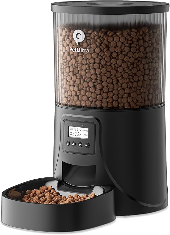 PetUltra Automatic Feeder for Cats, Timer Type, 1.1 gal 4 L Capacity, 2-Way Power Supply, Timed, Eating Prevention, Translucent Tank, Easy to Clean, PSE Certified Adapter, Black