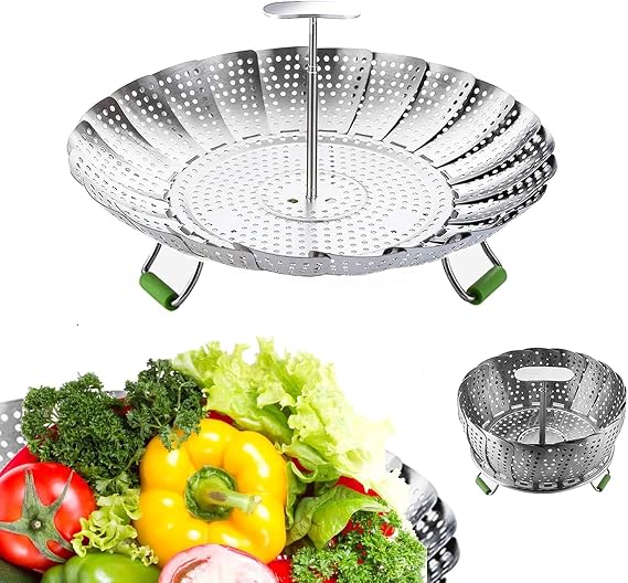 3rd-Generation Stainless Steel Steamer Basket - Foldable & Expandable Veggie Steam Insert with Extendable Handle, Perfect for Cooking Food & Compatible with Various Size Instant Pots (9 inches)