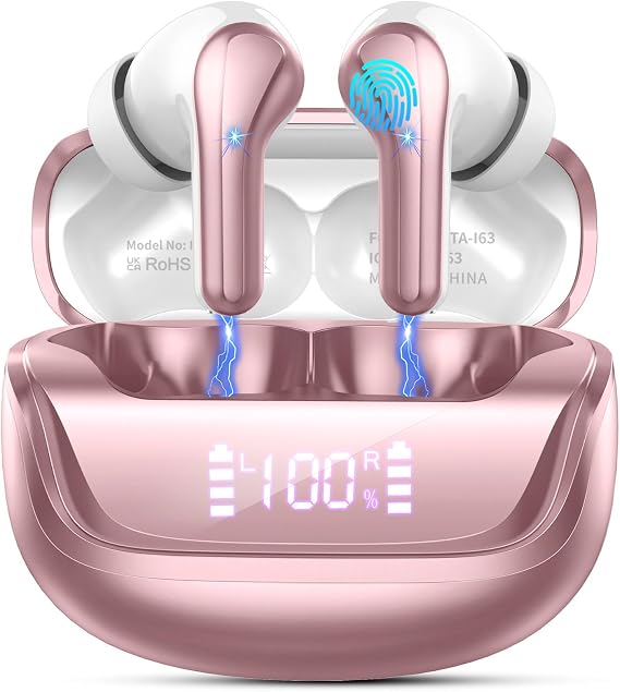 Nerunsa Wireless Earbuds, Bluetooth 5.4 Headphones HiFi Stereo, 50H Playtime in-Ear Headphones with ENC Noise Cancelling Mics, IP7 Waterproof Wireless Headphones, Earbuds with LED Display, Pink