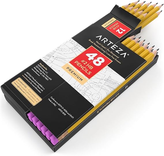 ARTEZA HB Pencils #2, Pack of 48 Pre-Sharpened Wood-Cased Graphite with Latex-Free Erasers, School & Office Bulk Writing Tools