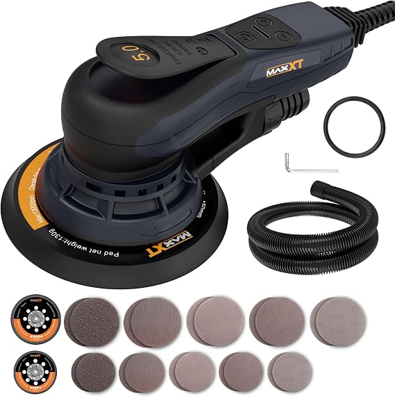 MAXXT Electric 5mm Random Orbital Sander, Palm Sander with Brushless Motor, 5/6Inch Sanding Pads, Central Vacuum, Sanders for Woodworking, Raw Wood and Panel Processing