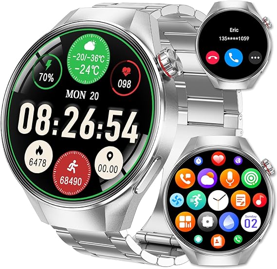 Mens Smartwatch 1.75" AMOLED Bluetooth Calls Heart Rate & Blood Oxygen Sleep Monitor Fitness Tracker IP67 Waterproof Smart Watch for Men Compatible with Android iOS Voice Assistant (Silver RT-G5Plus)