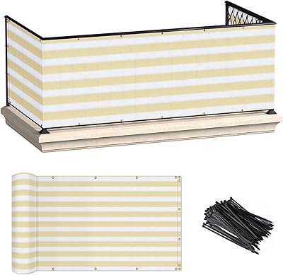 ECOOPTS 3x50 Balcony Privacy Fence Screen with Zip Ties, Outdoor UV Protection Fence Cover for Balcony Porch Patio Deck Yard Beige White Stripes