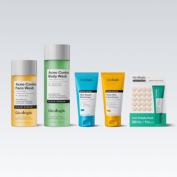 Geologie Clear System Acne Treatment Set Face & Body Wash + Clear Skin Cream + AntiPimple Pack Salicylic Acid & Retinol Oil Control, Breakout Defense, Gentle Daily Routine No Benzoyl Peroxide