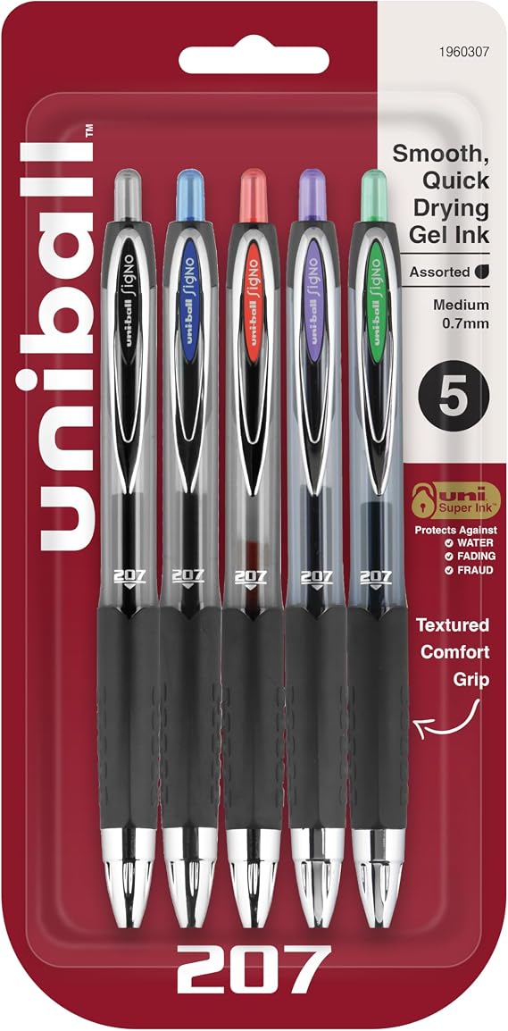 Uniball 207 Retractable Gel Pens, 0.7mm Medium Point, Assorted Ink, 5/Pack