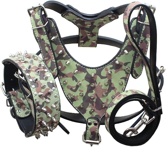Leather Spiked Studded Medium & Large Dog Collars, Harnesses & Leashes 3Pcs Matching Set for Pit Bull,Mastiff, Boxer, Bull Terrier(Camouflage,M)