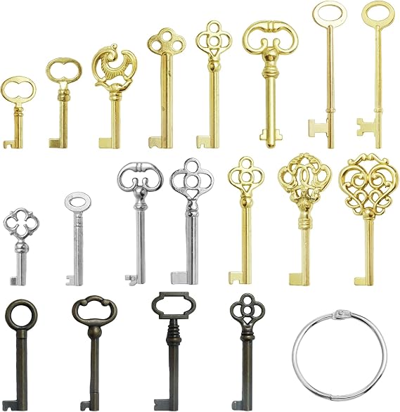 15 Pack Vintage Skeleton Keys with Key Ring, Antique Hollow Barrel Universal Keys, Old Style Decorative Kit for Furniture Dresser Cabinet Door (Random)
