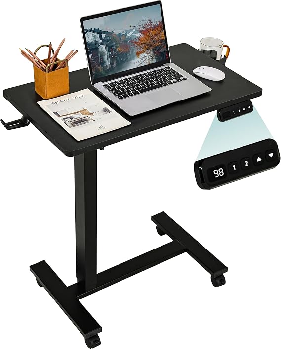 Electric Overbed Table with Wheels, Small Rolling Stand Laptop Desk