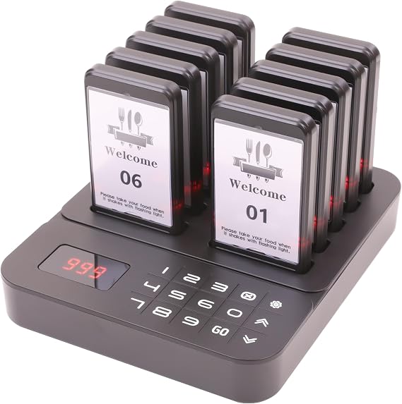 Restaurant Buzzer System, Restaurant Waiting Pager, Pagers and Beepers, Set with Vibration,Flashing and Buzzer,Close Reminder,10 Guest Pagers for Food Truck,Church Nursery