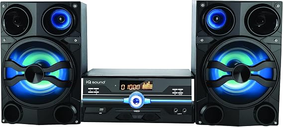 IQ Sound IQ-9000BT Premium 160W Hi-Fi Audio System with Bluetooth, DVD/CD/MP3/WMA Compatible, USB, FM Radio, LED Display, Speaker Lights, Remote Control, 2 Microphone Inputs, AV Output, AUX Input