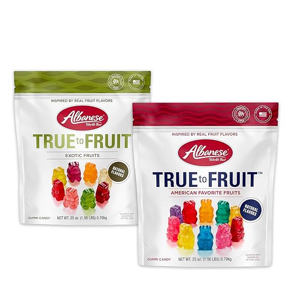 Albanese World's Best True to Fruit - Exotic Fruits Gummies (25oz Bag of Candy) & American Favorite Fruits Gummies (25oz Bag of Candy), Bundle Pack