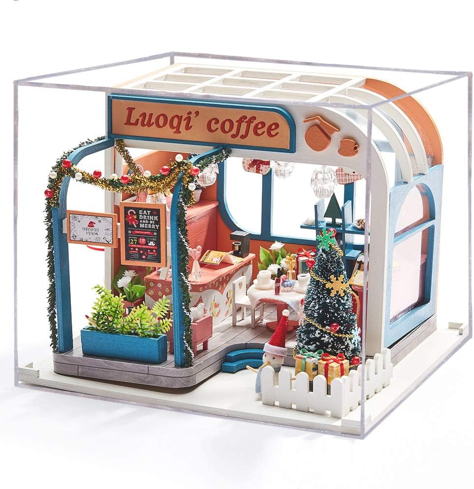 1:24 Cool Beans Boutique Miniature Dollhouse DIY Kit - Wooden Coffee Shop with Christmas Tree Assembly Required K046