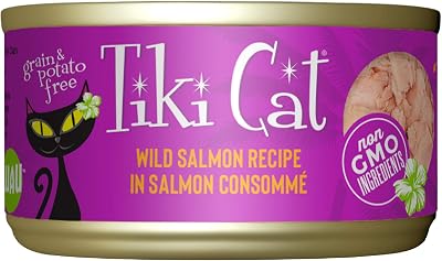 Tiki Cat Luau Shredded Meat, Wild Salmon Recipe in Salmon Consumme, Grain-Free Balanced Nutrition Wet Canned Cat Food, For All Life Stages, 2.8 oz. Can 12 Count