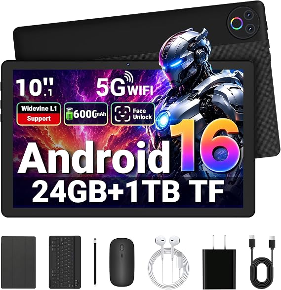 Gleeso Tablet Android 16 10 inch Tablet 24GB RAM/1TB TF, Android Tablet with Face ID OTG, 6000mAh丨5MP+8MP丨WIFI 6&BT 5.4, 2 in 1 Tablet Bundle with Keyboard, Wireless Mouse, Stylus, Widevine L1-Black