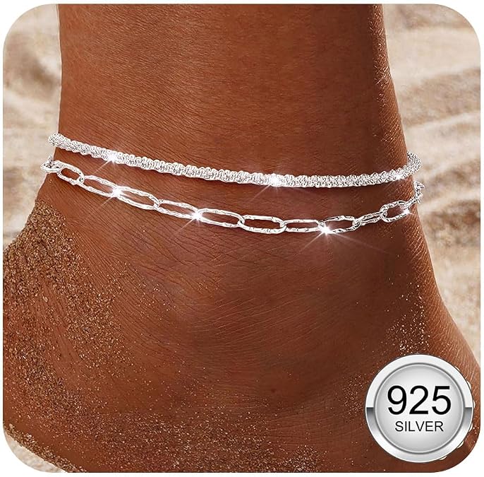 Diamday 2Pcs 925 Sterling Silver Ankle Bracelets Women Gold Silver Anklets