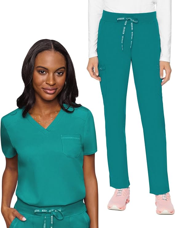 Med Couture Touch Scrub Set for Women V-Neck Top MC7448 & 6-Pocket Yoga Waist Pant, Ultra Soft Stretch Medical Uniform MC7725, L Top/L Pant, Teal