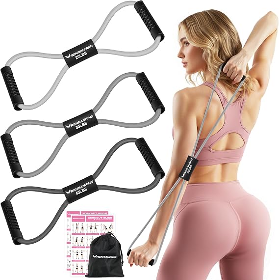 RENRANRING Figure 8 Fitness Resistance Bands with Handles - Exercise Tube Band Set of 3 for Arm and Shoulder Stretch, Rope 8 Word Elastic for Women and Men