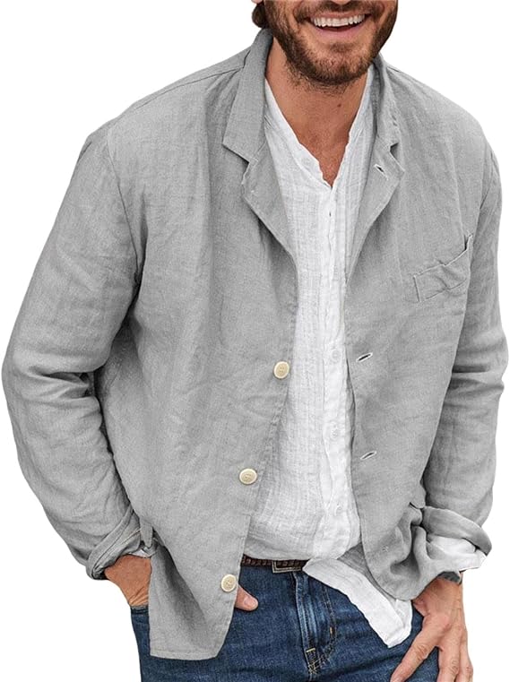 Xiaojmake Men's Cotton Linen Blazer Jackets Casual Button Down Lightweight Suit Jackets Loose Fit Lapel Collar Sport Coats