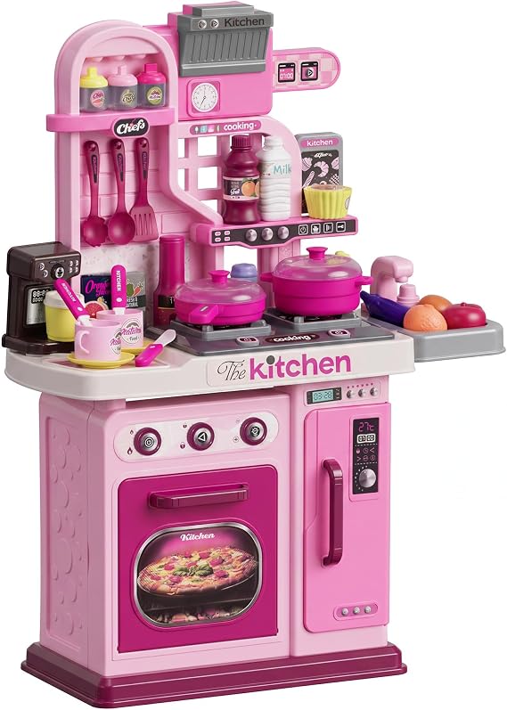 AIYAPLAY Kids Kitchen, 33-Pc Play Accessories, Lights, Ages 3-6, Pink