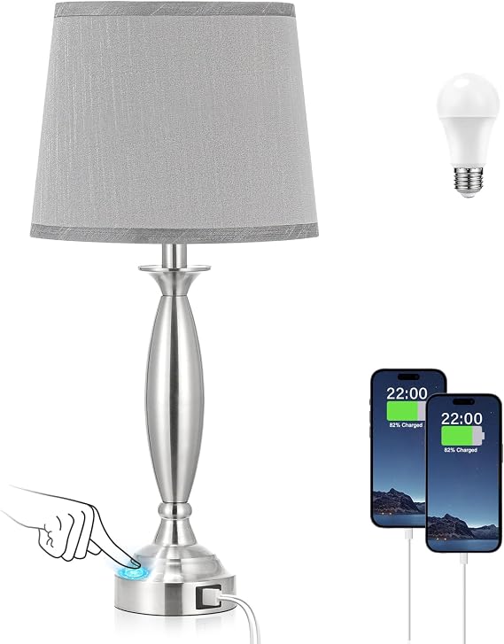 Bedroom Lamps for Nightstand, 3 Way Dimmable Silver Bedside Lamps with USB