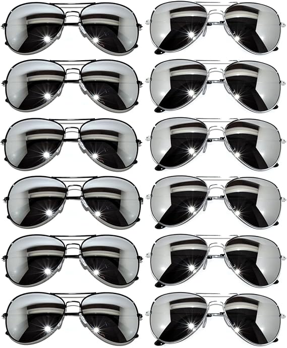 OWL 12 Pack Aviator Sunglasses Mirrored Lens, Womens Mens Wholesale Eyewear with Black, Silver, Gold Frames