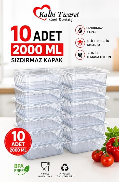 Plastik Saklama Kabı 2000 gr 10 Adet Plastik Kapaklı Kase Sızdırmaz Kap Şeffaf Kullan At Kase
