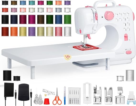 Portable Sewing Machine for Beginners, Compact Electric Sewing Machine with 12 Built-In Stitches, Reverse Sewing, LED Light, Extension Table and 32-Color Thread Kit for Home Crafts, Adults and Kids