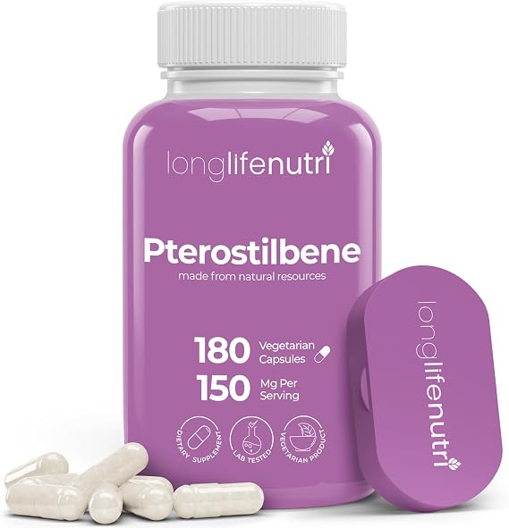 Pterostilbene Supplement 150mg, Elevate Cellular Energy, 180 Vegan Capsules, 3 Month Supply, Pure Organic Pterostilbene Extract, Made in USA, Non GMO, Clean Label, Easy Swallow Antioxidant Support