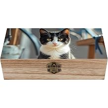 White And Black Kitten Sitting Wooden Keepsake Box with Lids Wood Storage Box with A Hinged Lid Decorative Boxes Table Large Rectangular Organizer Container for Jewelry Photos Craft