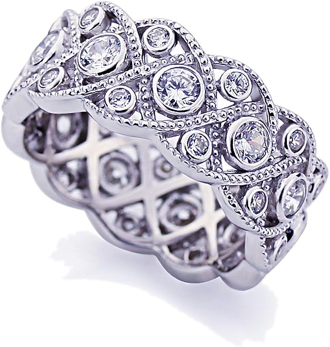 DoubleAccent Platinum Plated Sterling Silver Ring 1.75 CT CZ Stone Bezel Wedding Band Vintage Eternity Wide Band Ring, 8mm (Size 5 to 9)