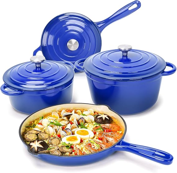 Hisencn Enameled Cast Iron Cookware Set,7 Piece Dutch Ovens Set,Blue