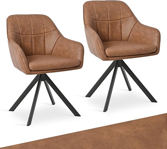 Swivel Dining Room Chairs Faux Leather Brown Set of 2 Armrest Chairs Upholstered Chair Dining Room Chairs Rotatable Kitchen Chair with Armrest and Backrest for Living Room Dining Room
