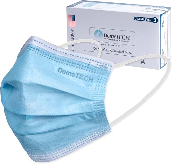 DEMETECH ASTM Level 3 Highly Protective 3 Layer Face Mask with Ear Loops - Made in the USA, Pack of 50