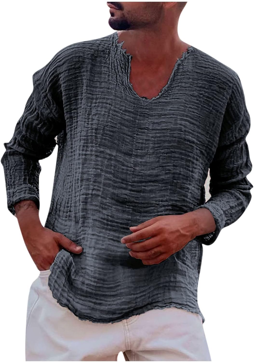 Long Sleeve Shirt Men's Summer Pleated Plain Tassel V-Neck Long Sleeve Shirt Casual Long Sleeves Ruffled Top Loose Street Style Long Sleeve Shirt Casual Shirt Sweatshirt Street Shirt Summer Shirt