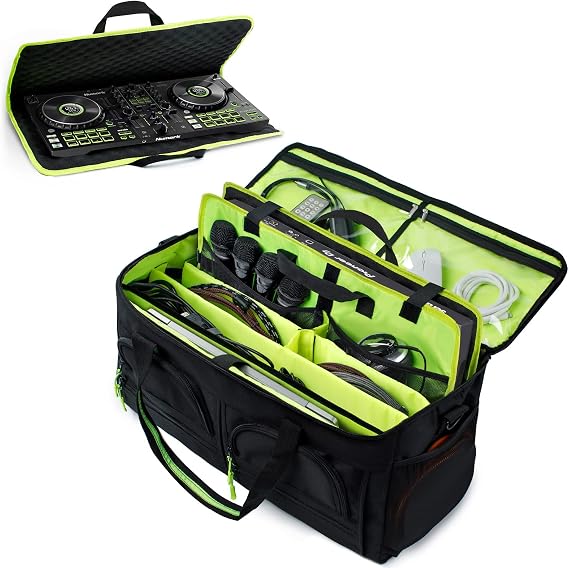 MYBAGZING DJ Bag Equipment Gig Bag for Musicians Large Dj Cable File Bag with Sponge Case for Pioneer DDJ flx4 DDJ-400 DDJ-SB3 SB2 DDJ-RB Numark Controller Padded Divider for DJ Accessories, green, DJ