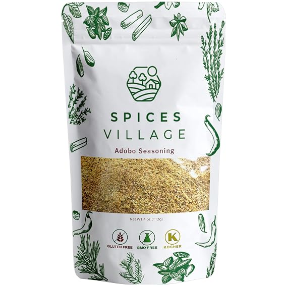 SPICES VILLAGE Adobo Seasoning, Loisa Adobo, 4 oz, Authentic Spice Mix, Adobe Seasoning for Meats, Vegetables, and Rice Dishes Kosher, Non-GMO, Resealable Bag