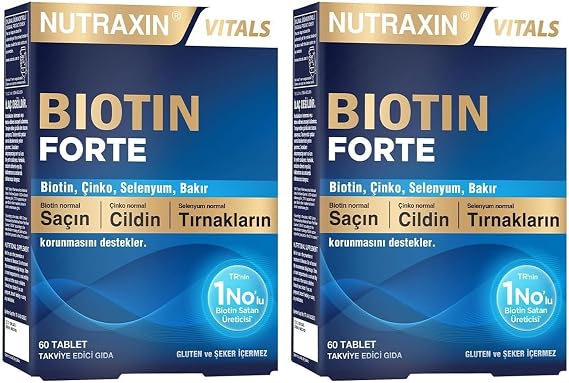 Nutraxin Biotin Forte – 5000 mcg Biotin, Çinko, Bakır ve Selenyum İçeren Saç, Cilt ve Tırnak Destek Tableti – 60 Tablet – Vegan (2 paketi)