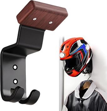 Helmet Holder Wall Mount, Motorcycle Helmet Holder Headgear Rack with Double Hooks, Solid Wood & Strong Steel Helmet Display Hanger Hooks for Football Helmet Jacket Coats