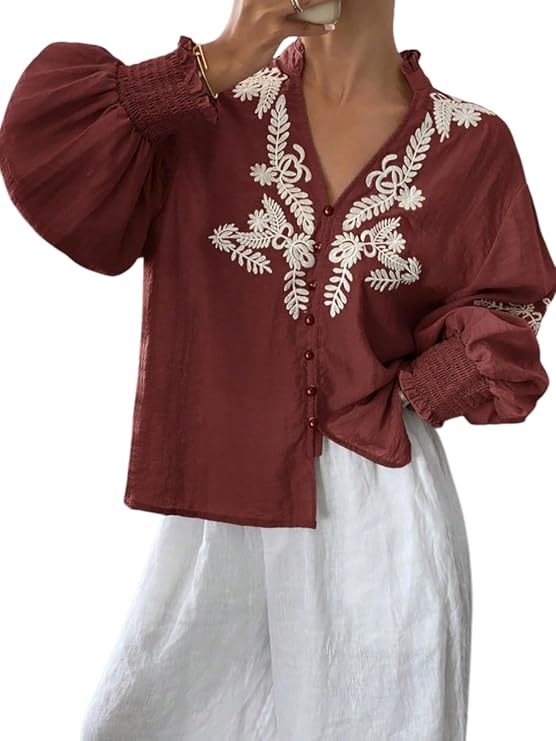 Women's Embroidered Puff Sleeve Blouse
